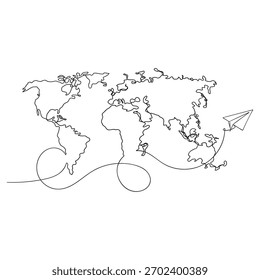 continuous line drawing paper plane taking off from a map and flying symbol for travel or journey illustration vector