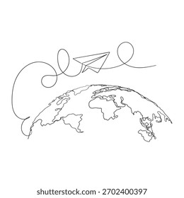 Plano de papel de dibujo de línea continua que despega de un mapa y el símbolo de vuelo para el Vector de ilustración de viaje o viaje