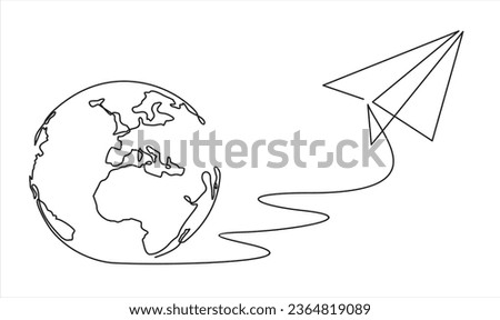 continuous line drawing paper plane taking off from a map and flying symbol for travel or journey illustration vector