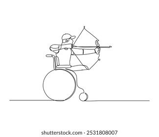 Continuous line drawing of a Para archery athlete in a wheelchair aiming at a target