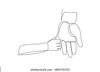 Continuous line drawing of parent giving hand to his child. Single one line art of father and mother care. Parental concept vector illustration
