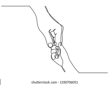 Continuous line drawing. the parent holds the hand of a small child. Display of small children holding adult finger.