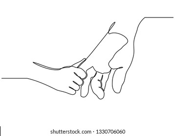 Continuous line drawing. the parent holds the hand of a small child. Display of small children holding adult finger.