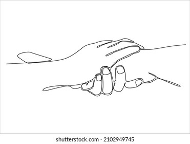 Continuous line drawing. the parent holds the hand of a small child. Display of small children holding adult finger.