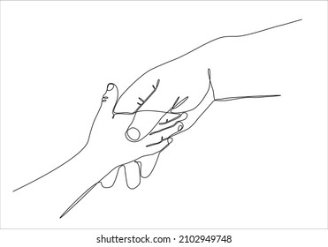 Continuous line drawing. the parent holds the hand of a small child. Display of small children holding adult finger.