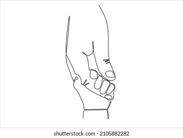 Continuous line drawing. the parent holds the hand of a small child. Display of small children holding adult finger.