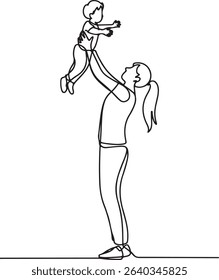 Continuous line drawing of a parent lifting child high in the air in minimalist black and white style

