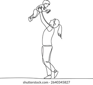 Continuous line drawing of a parent lifting child high in the air in minimalist black and white style

