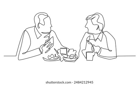 continuous line drawing of parents eating together.one line vector drawing of grandfather and grandmother eating together at the dinner table.single line vector illustration.isolated white background