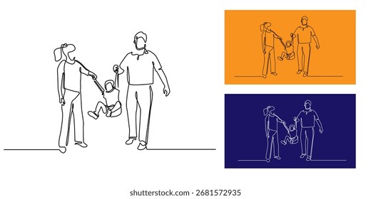 Dibujo continuo de líneas de padres balanceando a su hijo con las manos, simbolizando la felicidad familiar, el amor, el cuidado y el momento alegre de la crianza en un estilo minimalista de arte de una línea.