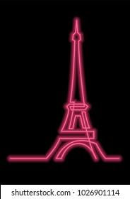 continuous line drawing of Paris Eiffel tower with neon vector effect