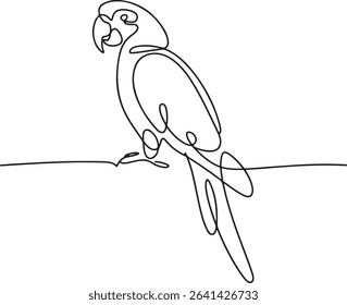  continuous line drawing of a parrot perched in side profile with long tail and curved beak on white background