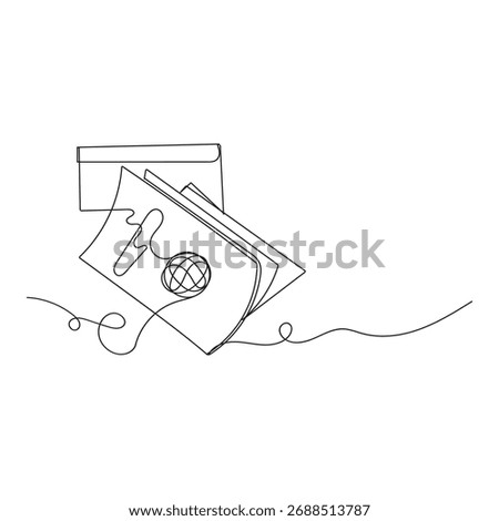 continuous line drawing passport and flight ticket document illustration