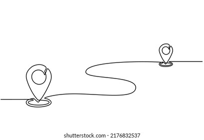 Continuous line drawing of paths and Location markers. Pin between two points in one line style. GPS navigation and travel concept in doodle style. vector illustration