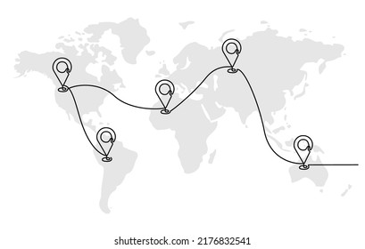 Continuous line drawing of paths and Location markers. Top view of world map with point of destination location marker. GPS map navigator concept and trip in doodle style. vector illustration.