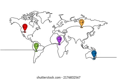 Continuous line drawing of paths and Location markers. Top view of world map with point of destination location marker. GPS map navigator concept and trip in doodle style. vector illustration.