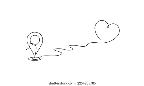 Continuous line drawing of paths and Location markers and love. Simple pin between one point Location Hint and love in Linear style. Gps Navigation and Travel concept location and love icon