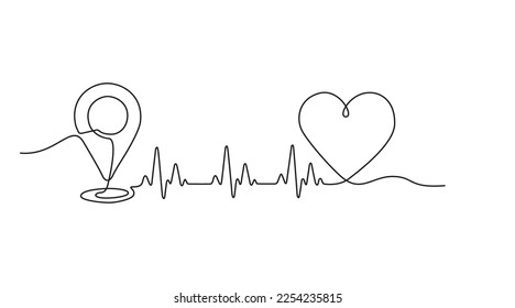 Continuous line drawing of paths and Location markers and love. Simple pin between one point Location Hint and love in Linear style. Gps Navigation and Travel concept location and love icon