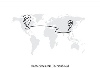 Continuous line drawing of paths and Location markers. Pin between a single point in a single line style. GPS navigation and travel concept in doodle style. 