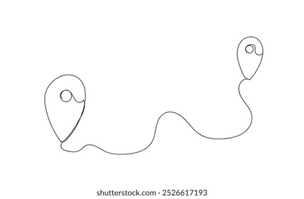 Continuous line drawing of paths and Location markers. Pin between a single point in a single line style.  navigation and travel concept in doodle style. Hand made vector not AI.