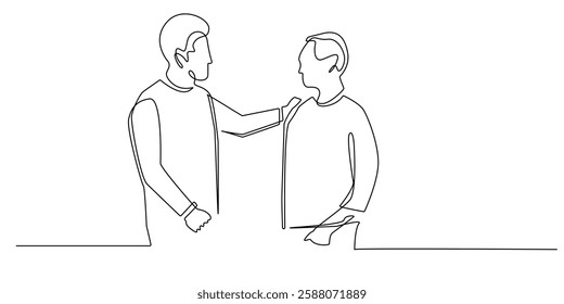 continuous line drawing patting the shoulder.one line vector illustration of a man patting his friend on the shoulder.giving encouragement and motivation.single line vector illustration