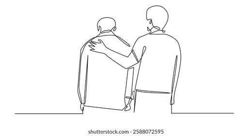 continuous line drawing patting the shoulder.one line vector illustration of a man patting his friend on the shoulder.giving encouragement and motivation.single line vector illustration