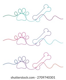 Continuous Line Drawing of Paw Print and Bone with Vibrant Gradient Colors Representing Pets and Animal Care in a Modern Style