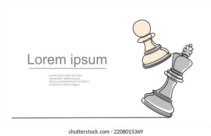 continuous line drawing of a pawn bearing down a queen on board tournament vector illustration.