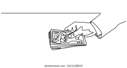 Continuous Line Drawing of Payment Icon. Hand Drawn Symbol Vector Illustration, hand holding money continuous one line drawing, line art of payment with money, buying or purchase, minimal concept.