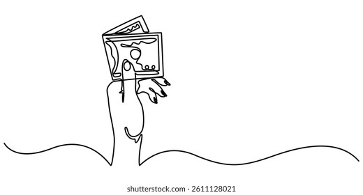 Continuous Line Drawing of Payment Icon. Hand Drawn Symbol Vector Illustration, hand holding money continuous one line drawing, line art of payment with money, buying or purchase, minimal concept.