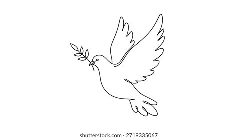 Continuous line drawing of a peaceful white dove flying while carrying a small olive branch in its beak for peace.