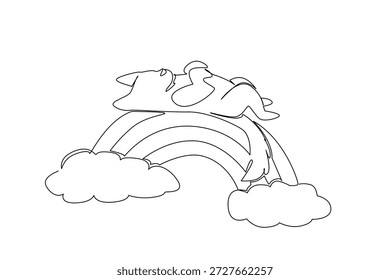 Continuous line drawing of peaceful wild wolf cub napping in a supine position across a vibrant rainbow arch between two clouds. Nature concept design forest theme for Wolf Awareness Week