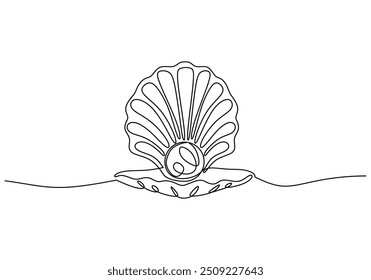 Continuous line drawing of a pearl in a scalloped shell. Vector illustration of a lustrous pearl within a delicate seashell, symbolizing natural beauty and ocean treasures.