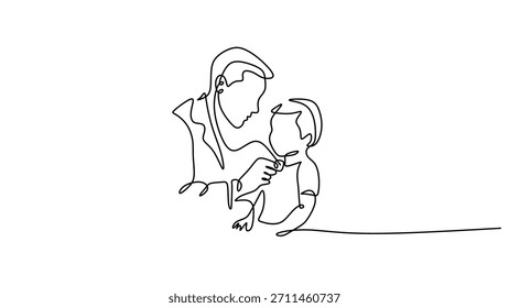 Continuous line drawing of pediatric care concept, a male doctor checking the heartbeat of a toddler boy patient. Vector illustration minimalist.