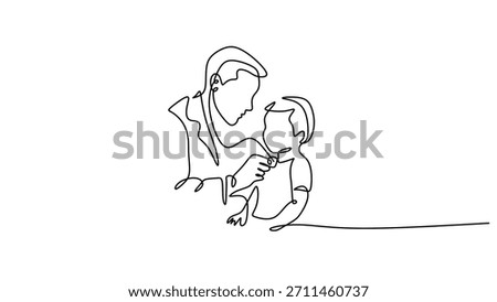 Continuous line drawing of pediatric care concept, a male doctor checking the heartbeat of a toddler boy patient. Vector illustration minimalist.
