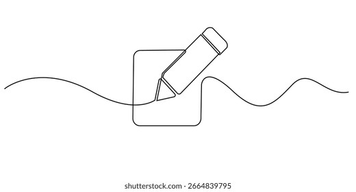 continuous line drawing of a pencil inside a square, symbolizing creativity, writing, and learning. Minimalist and modern, perfect for icons, logos, or educational illustrations