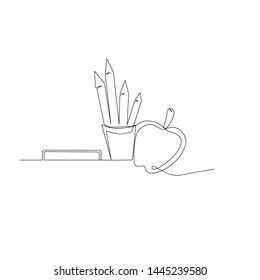 continuous line drawing of pencils apple. isolated sketch drawing of pencils apple line concept. outline thin stroke vector illustration