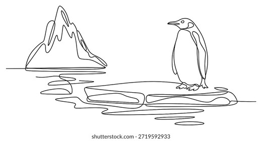 Desenho de linha contínua de um pinguim de pé sobre um iceberg no oceano com outro iceberg Vetor, ilustração