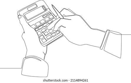 Continuous line drawing of people, calculate of company income using calculator. Vector illustration. Company budget.