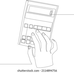 Continuous line drawing of people, calculate of company income using calculator. Vector illustration. Company budget.
