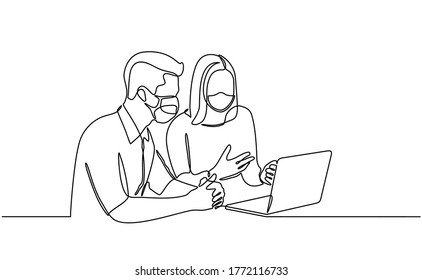 Continuous line drawing of people with laptops use protective masks on their faces against infectious viruses. people work with laptops and wear masks to protect against the SARS-Covid-19 disease viru