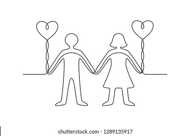 Continuous line drawing. People. Man and woman holding balloons. Black isolated on white background. Hand drawn vector illustration. 
