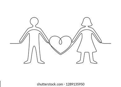 Continuous line drawing. People. Man and woman holding heart. Black isolated on white background. Hand drawn vector 
illustration. 