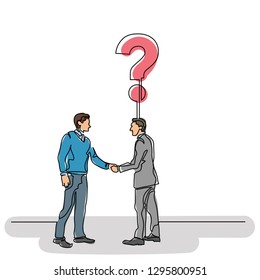 continuous line drawing of people meeting a new question