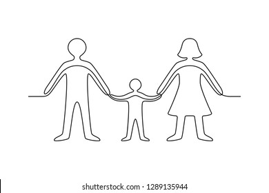 Continuous line drawing. People. Parents with child. Black isolated on white background. Hand drawn vector illustration. 