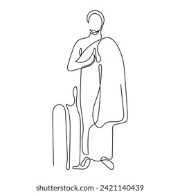 continuous line drawing of people preparing to perform the Hajj pilgrimage. vector single line of man in traditional ihram clothes and suitcase.one line vector drawing.isolated white background