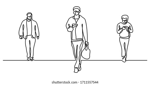 continuous line drawing of people in protective masks walking on street practicing social distancing