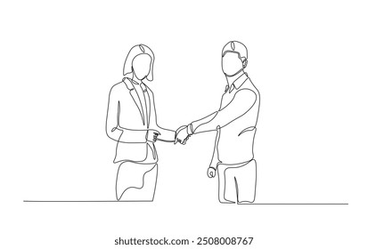 Dibujo de línea continuo de personas que estrechan la mano, socios comerciales que tratan. clientes que estrechan la mano en la ilustración de contorno simple. 