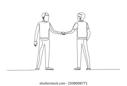 Continuous line drawing of people shaking hands,  business partners dealing. Businessman shaking hands in simple outline illustration. 