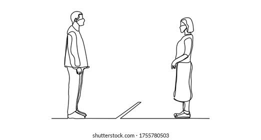 Continuous Line Drawing Of People Standing And Wearing Mask  In Social Distancing To Prevent Spreading Of Viruses. Vector Illustration